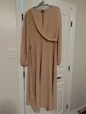 Long Sleeve Beige Maxi Dress with Draped Detail
